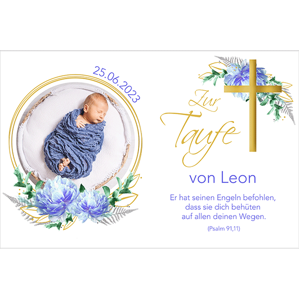 Cake picture Baptism Rectangular - Book picture Blue Peonies