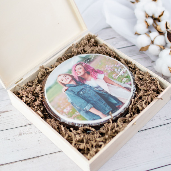 Fototorte individuell Rund in Holzbox