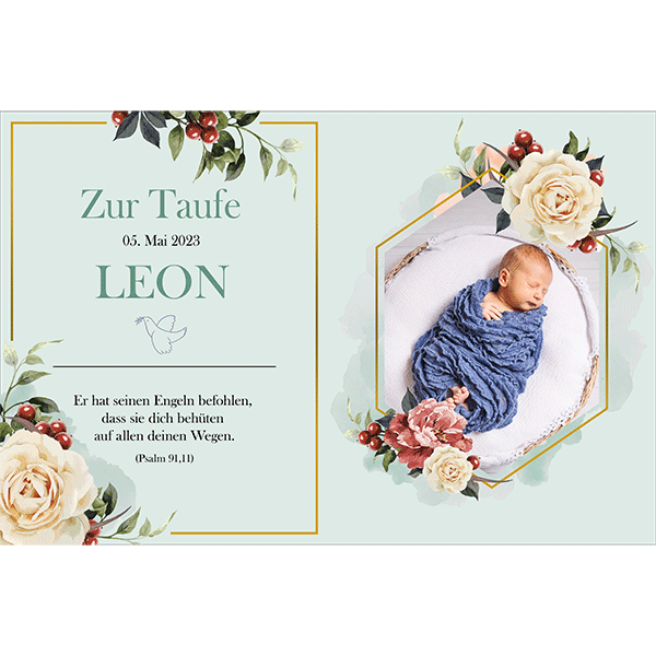 Cake picture Baptism Rectangular - Book picture Flowers Mint