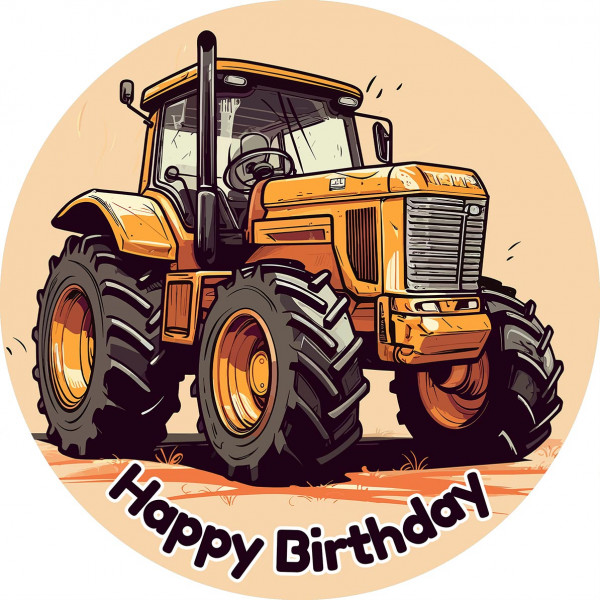 Picture Cake Topper Tractor Yellow Round