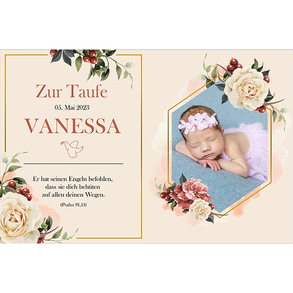 Cake picture Baptism Rectangular - Book picture Flowers Beige