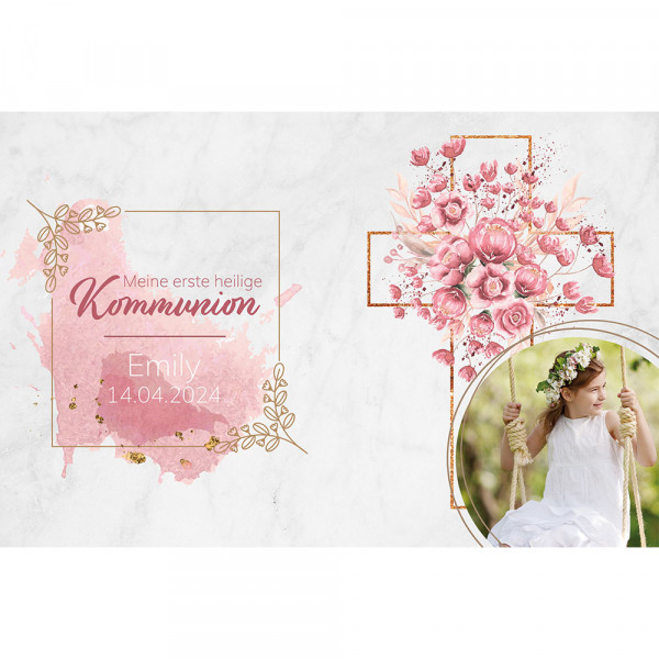 Picture Cake Topper Communion / Confirmation pink cross rectangular
