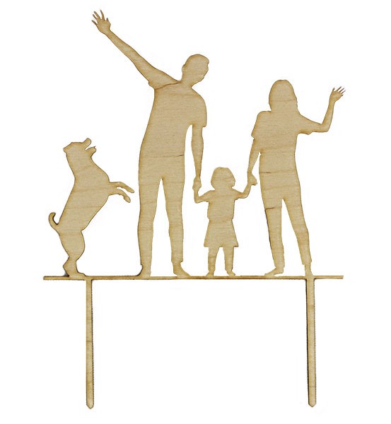 Holz CakeTopper - Familie: Eltern mit kleinem Mädchen und Hund