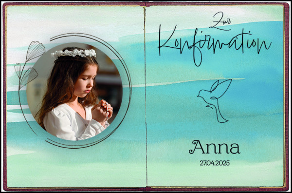 Tortenbild Konfirmation – Aquarell-Blau mit Foto & Taube